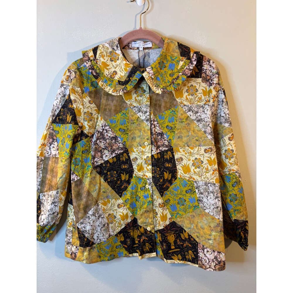 NEW Taylor Tillman Golden Yellow Florl Patchwork Print Blouse S Peter Pan Collar